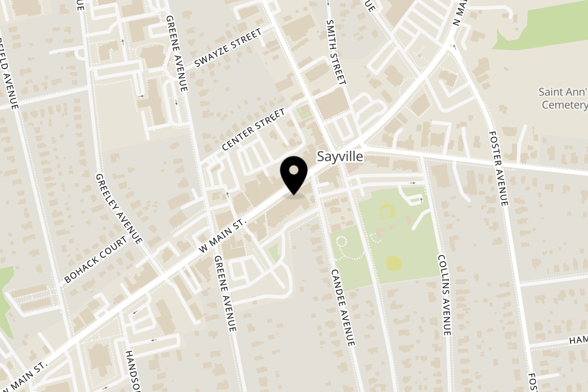 Map showing the location of Sayville Pizza on 60 Main St in Sayville